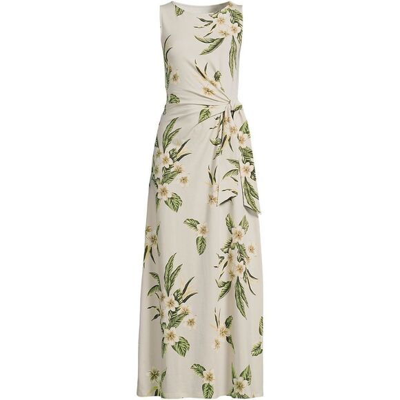 Land's End Maxi Dress Sleeveless Tie Cotton Modal light stone cream plumeria MT - Picture 1 of 4